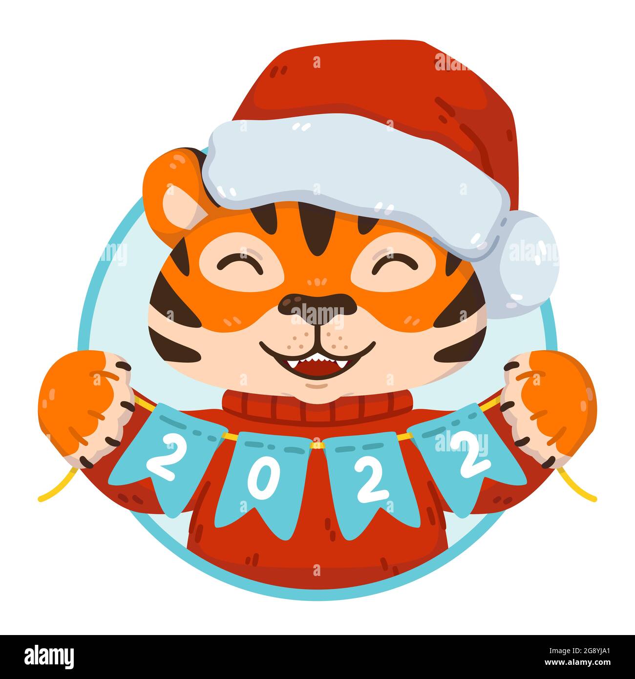Christmas tiger character with party holiday flags 2022 lettering. Chinese symbol of new year in Santa hat, sweater and with bunting banner. Cute vect Stock Vector