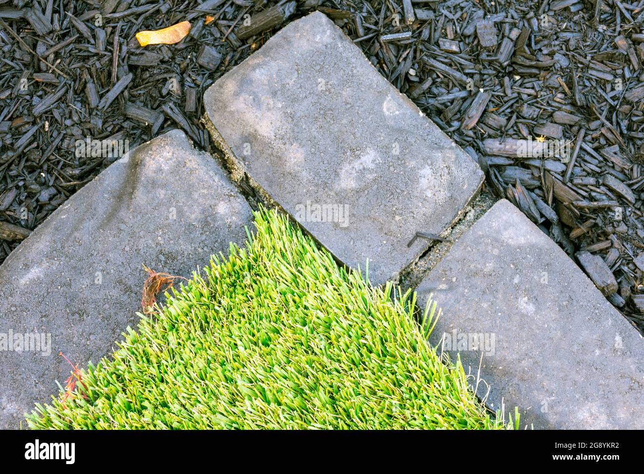 Detail of artificial grass, brick edging and black mulch provides a low maintenance landscaping solution in this small urban backyard. Stock Photo