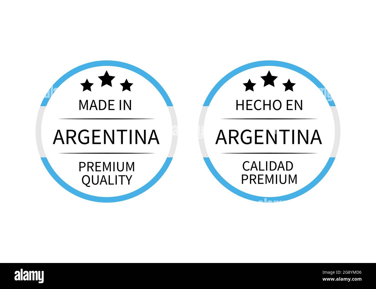Made in Argentina round labels in English and in Spanish languages. Quality mark vector icon