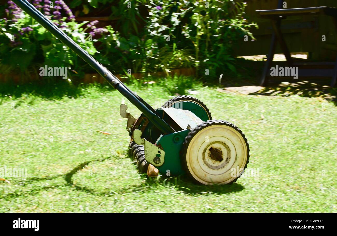 Mowing lawn with a manual hand push mower cutting grass summer UK Stock Photo