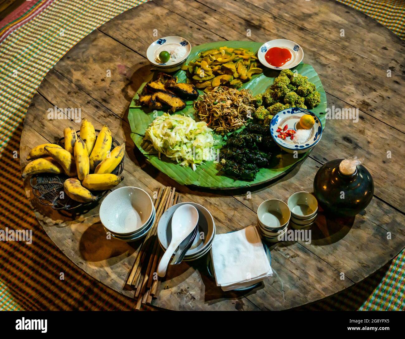 Vietnamese food served at Thai Hai ethnic village traditional way of life, Thai Nguyen province, Northern Vietnam, Asia Stock Photo