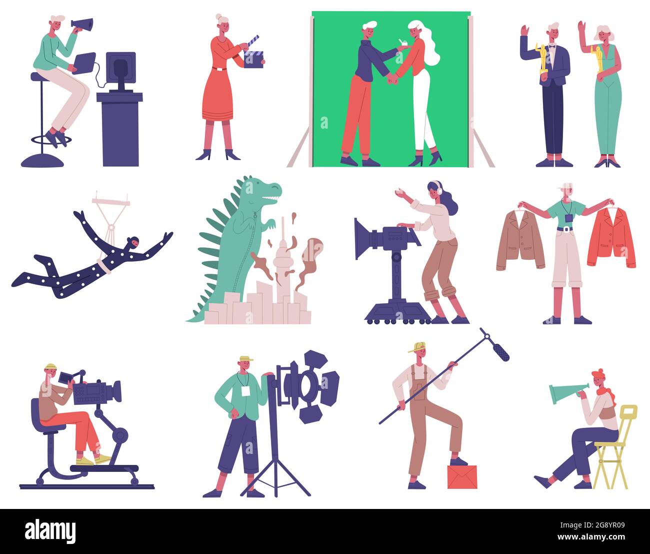 Film shooting characters. Cinema movie production process, film director, cameraman and actors vector illustration set. Movie production team Stock Vector