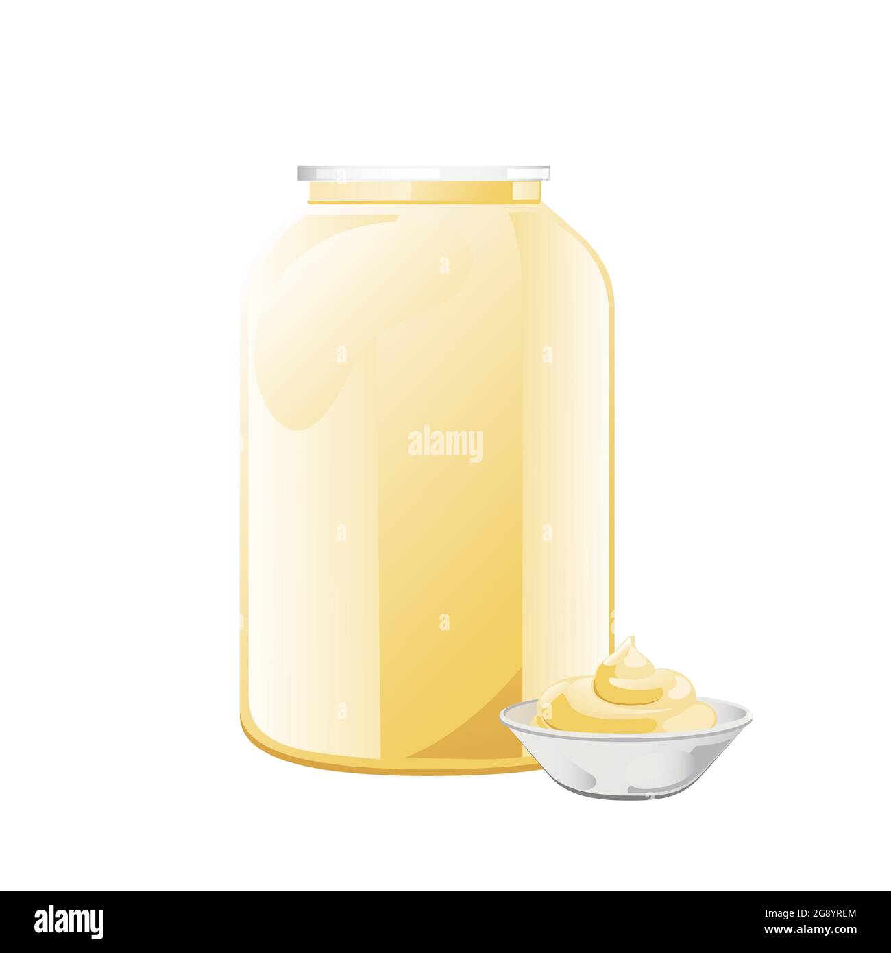 Mayonnaise in glass bottle with ceramic bowl. Jar with white sauce