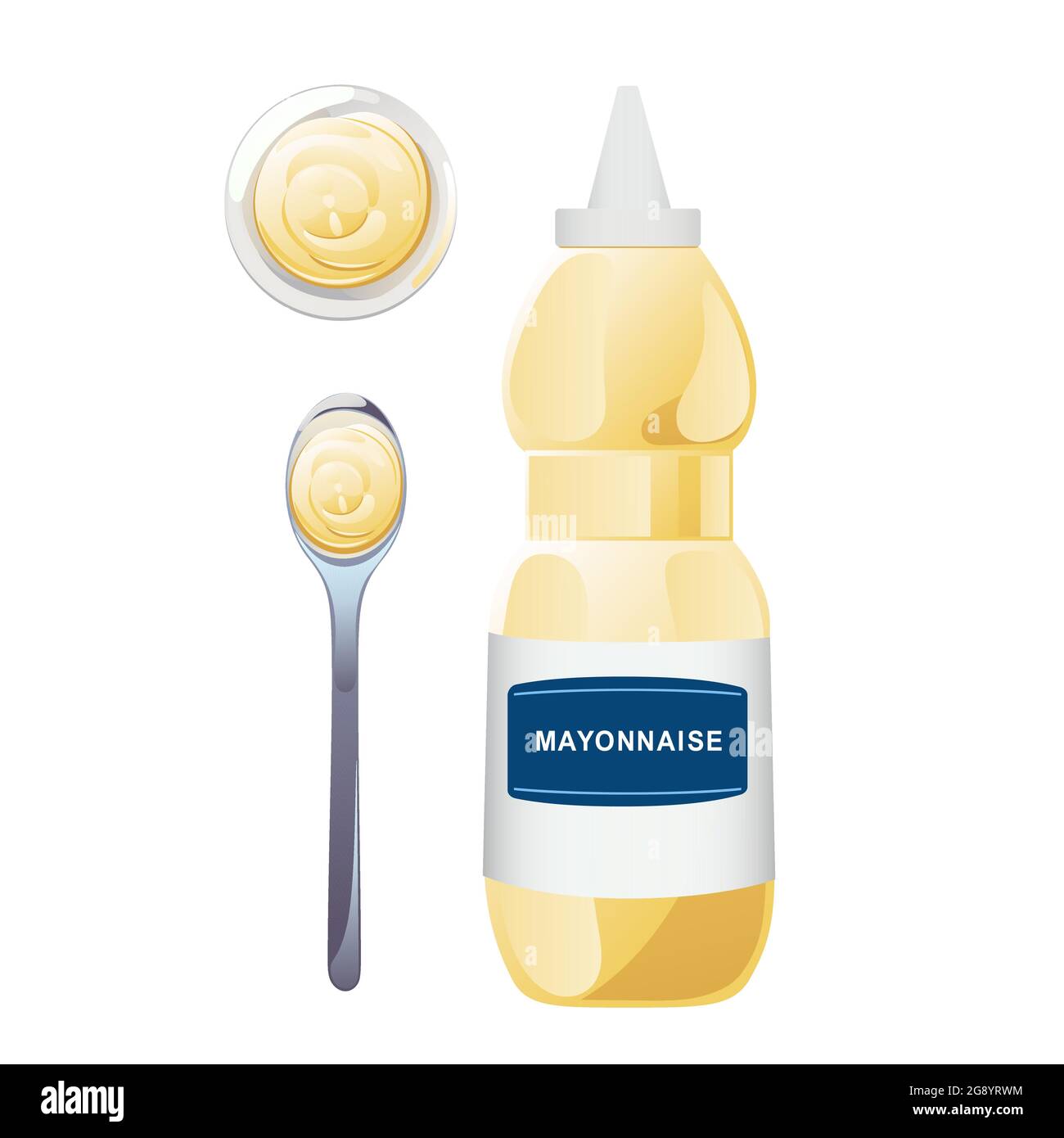 Mayonnaise in glass bottle with spoon set. Jar with white sauce