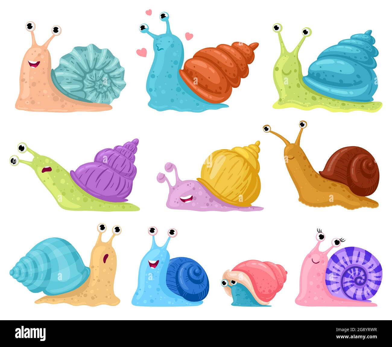 Cartoon snail. Garden snails mascots, cute little gastropods in colourful snail shells cartoon vector illustration set. Cute mollusk characters Stock Vector