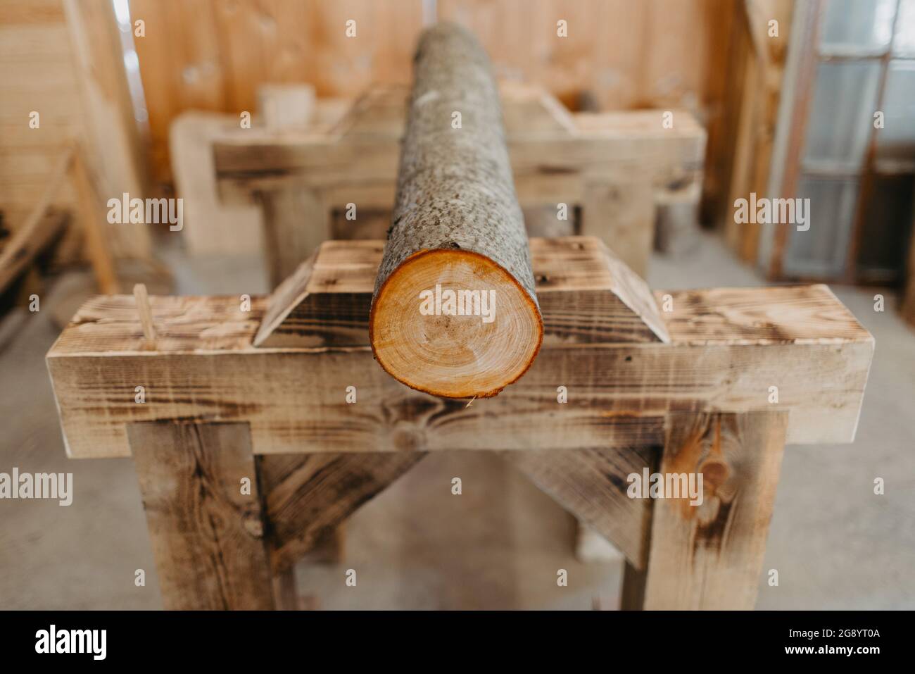 Woodworking process, making wooden pipe, didgeridoo  Stock Photo