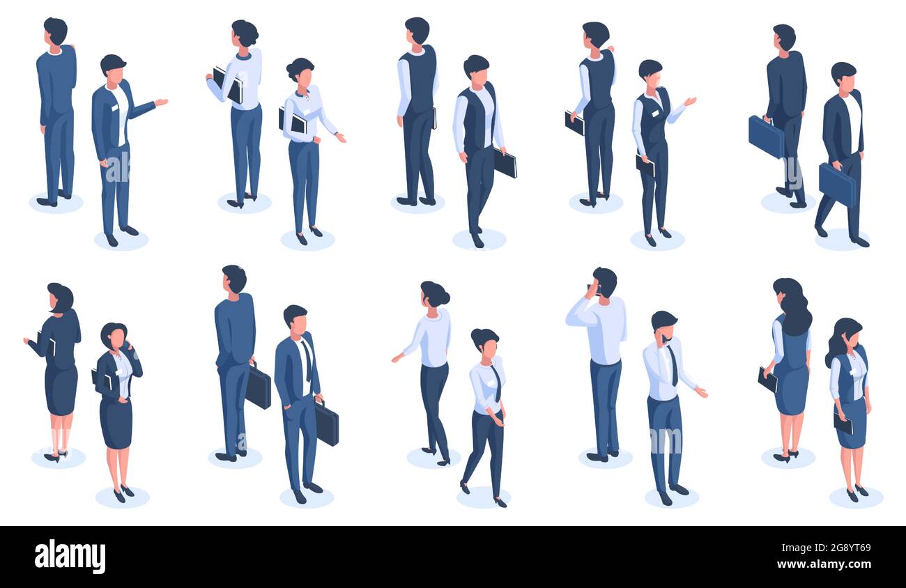 Isometric office people. Male and female 3D business characters, office workers wearing business suits vector illustration set. Business isometric Stock Vector