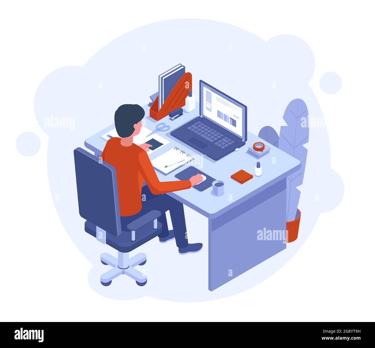 Freelance home office. Male character working at laptop, workspace with desktop computer and chancellery vector illustration. Home freelance worker Stock Vector