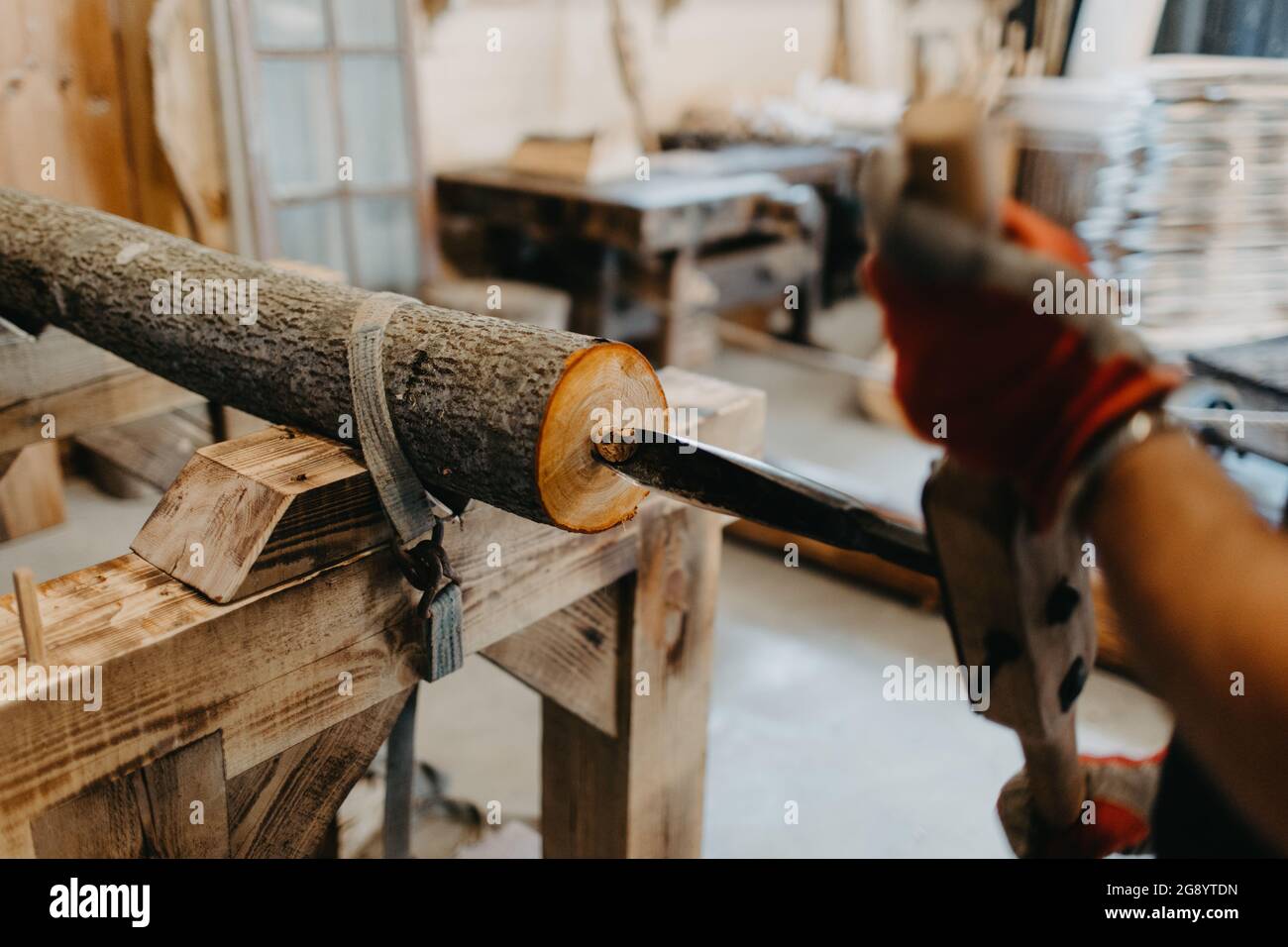 Woodworking process, making wooden pipe, didgeridoo Stock Photo Alamy