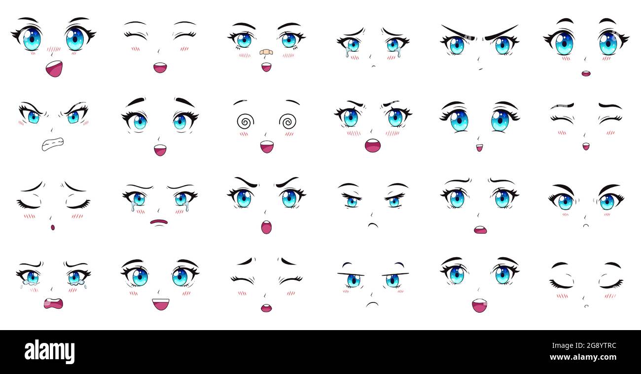 Cartoon anime characters eyes, eyebrows and mouth expressions. Manga female  characters faces vector illustration set. Anime manga girls expressions  Stock Vector Image & Art - Alamy
