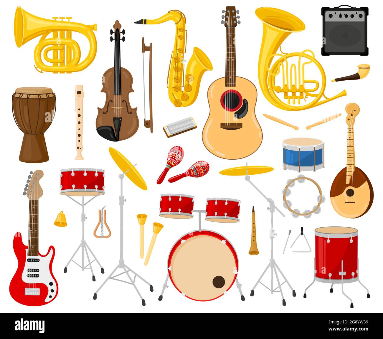 Cartoon musical instruments. Acoustic and electric instruments, guitars
