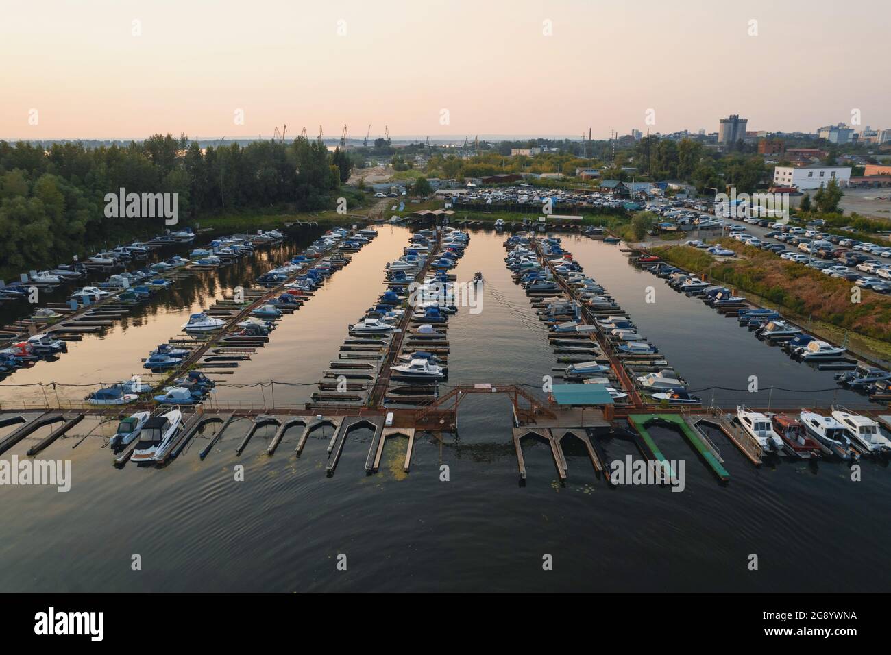 Commercial motor boat parking, small river port or boat station Stock Photo