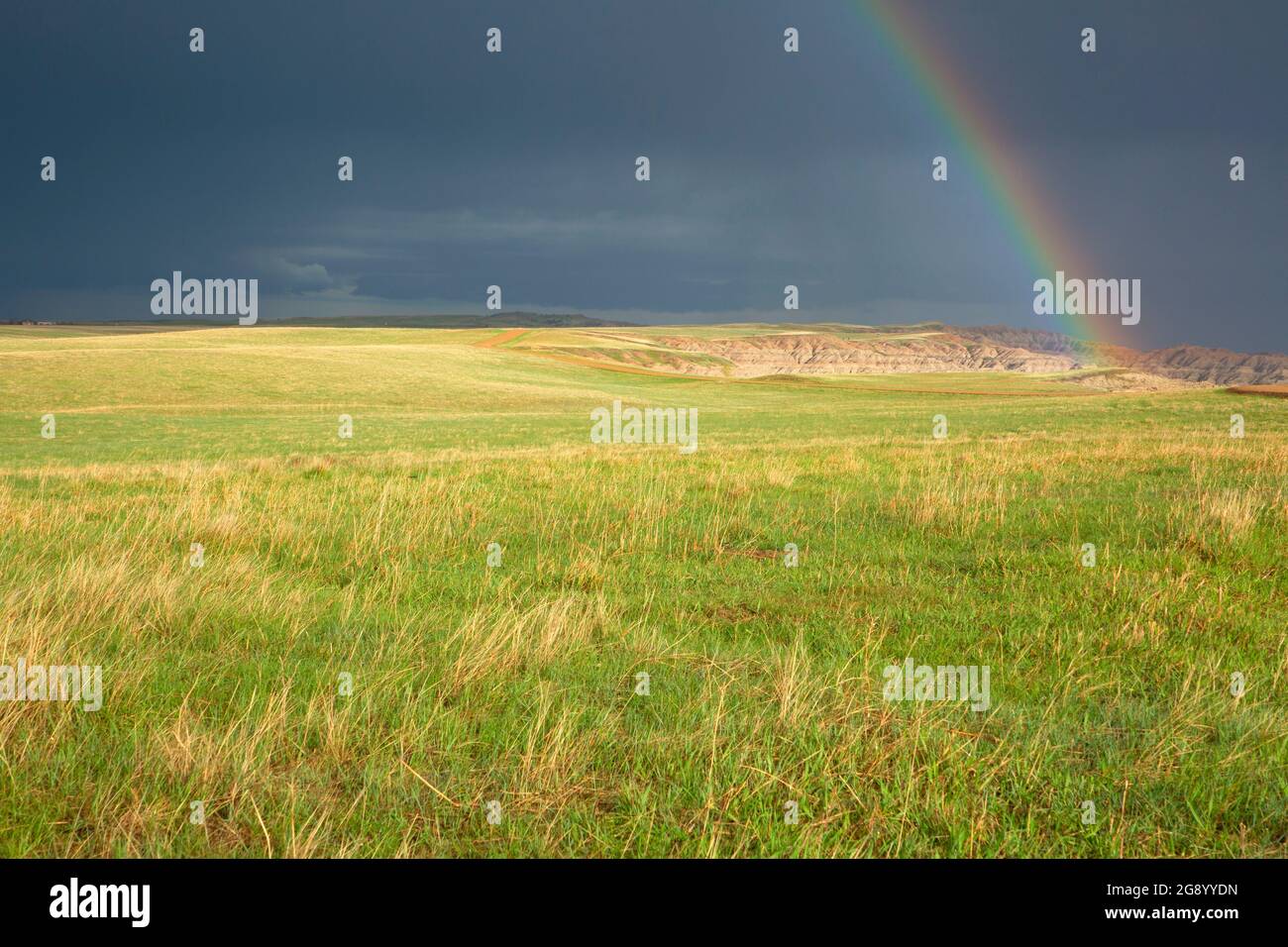 Prairie grassland with rainbow, Badlands National Park, South Dakota Stock Photo