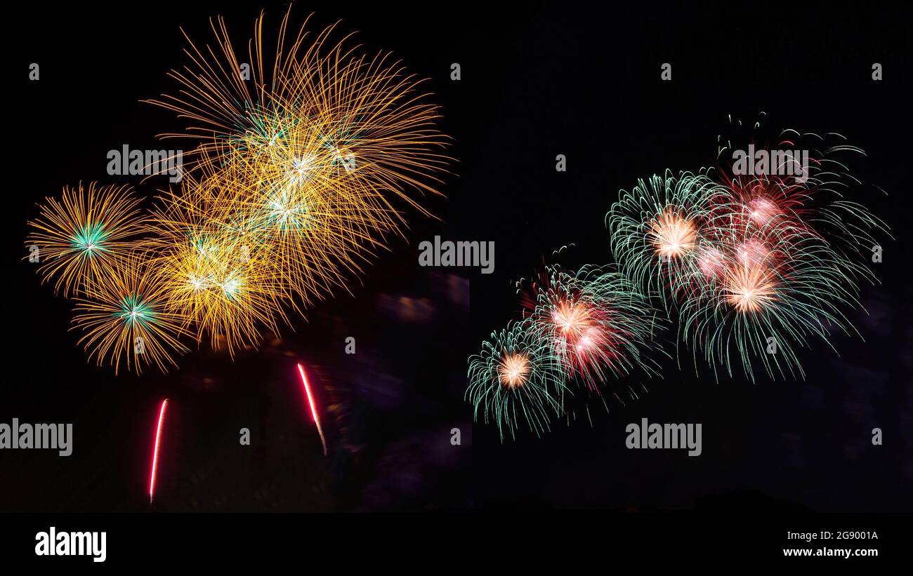beautiful fireworks on black background , abstract firework full color