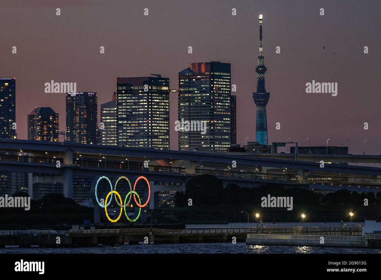 16th July 2021 - A large monument of the Olympic rings is displayed before the Tokyo 2020 Olympic Games in Tokyo, Japan Stock Photo