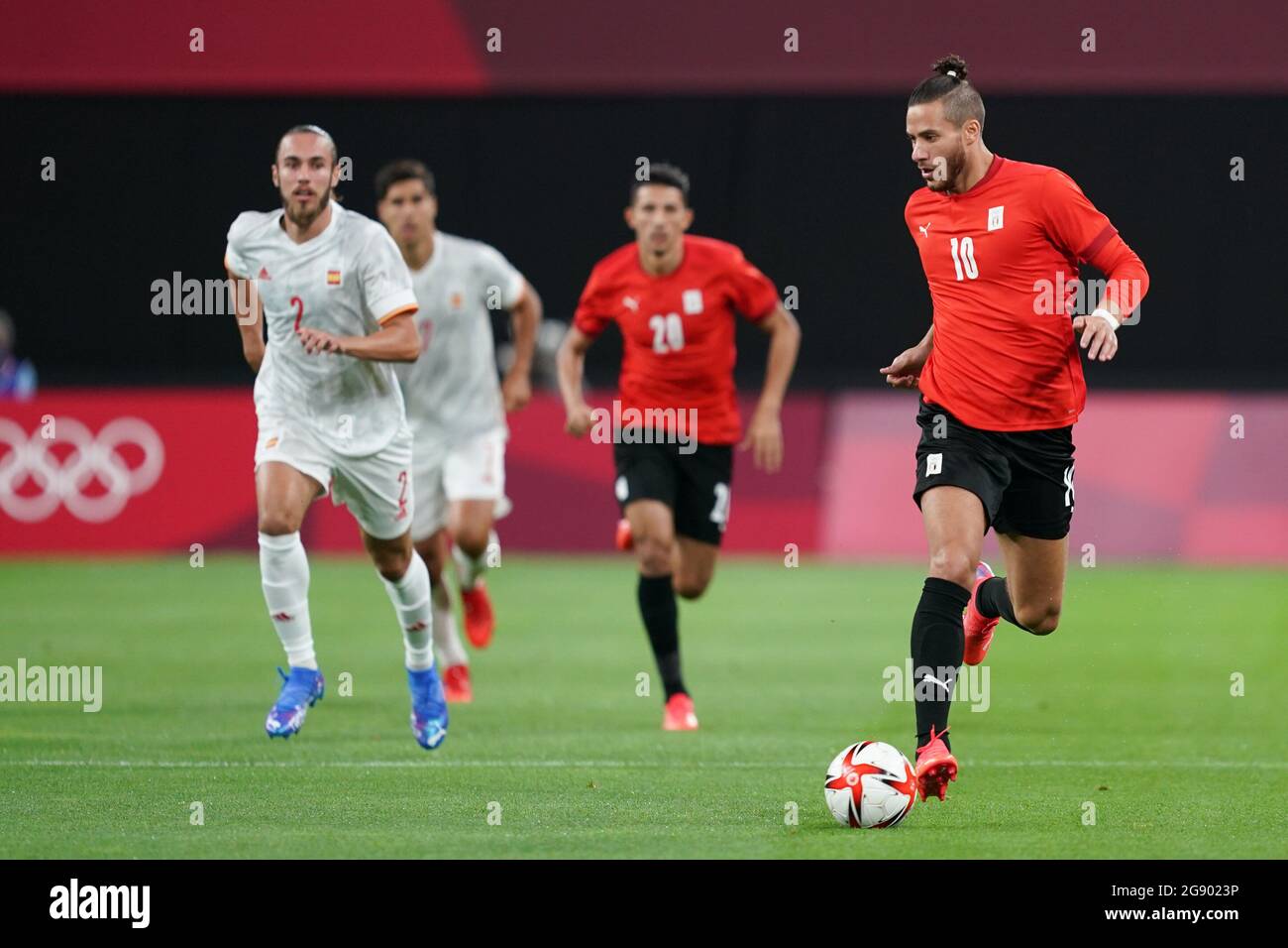 Sapporo, Japan. 22nd July, 2021. Ramadan Sobhi (10 Egypt) controls the ball (action) during the Men's Olympic Football Tournament Tokyo 2020 match between Egypt and Spain at Sapporo Dome in Sapporo, Japan. Credit: SPP Sport Press Photo. /Alamy Live News Stock Photo