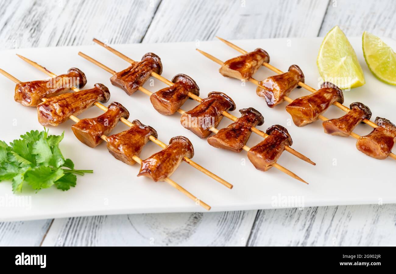 King oyster mushroom skewers top view Stock Photo Alamy