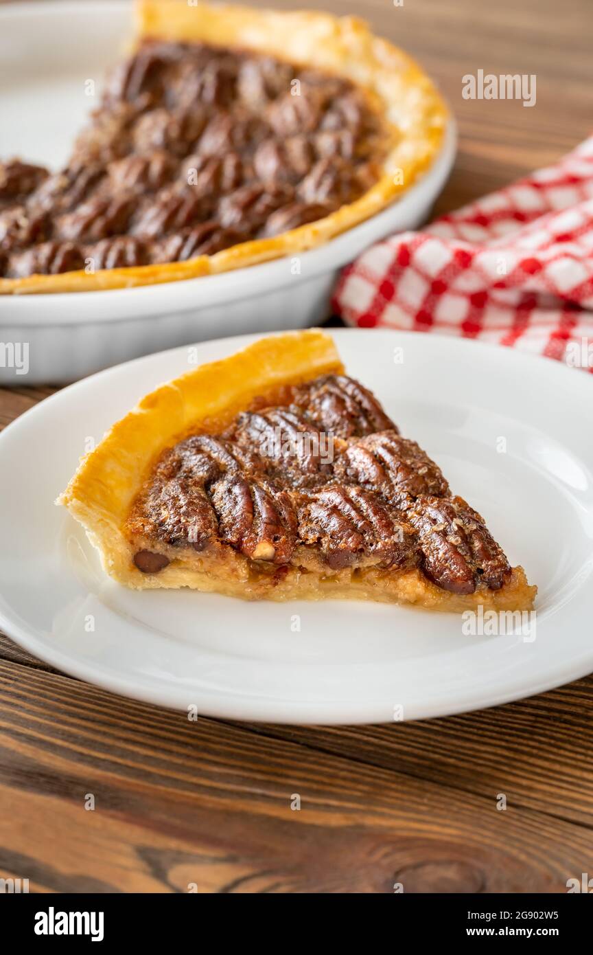 Pecan pie - traditional southern US dessert on wooden table Stock Photo