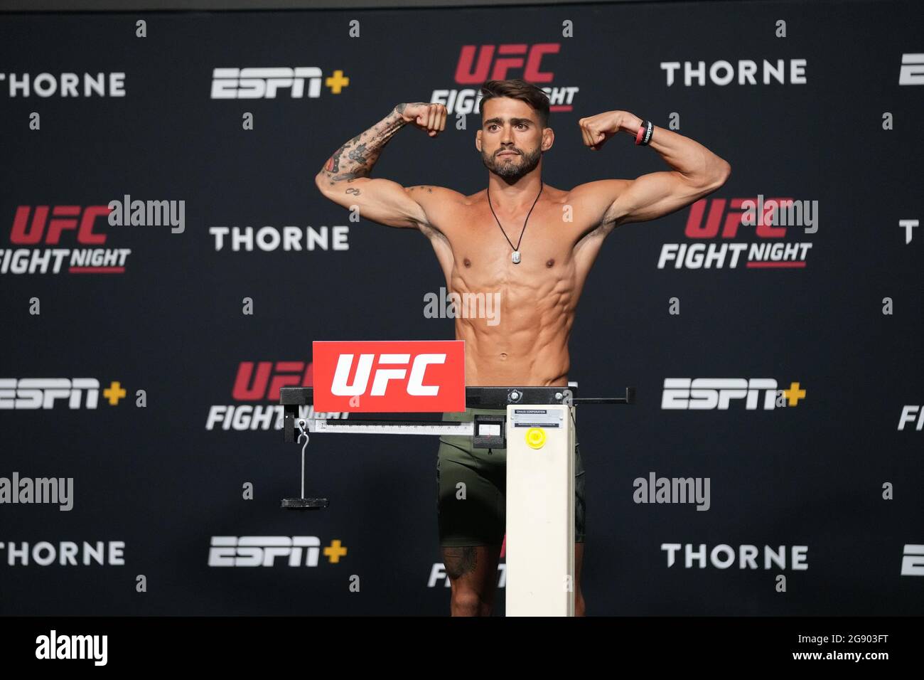 Las Vegas, USA. 23rd July, 2021. Las Vegas, NV - JULY 23:Randy Costa steps on the scale for the official weigh-ins during UFC Fight Night Vegas 32 - Weigh-in at UFC APEX on July 23, 2021 in Las Vegas, NV, United States. (Photo by Louis Grasse/PxImages) Credit: Px Images/Alamy Live News Stock Photo