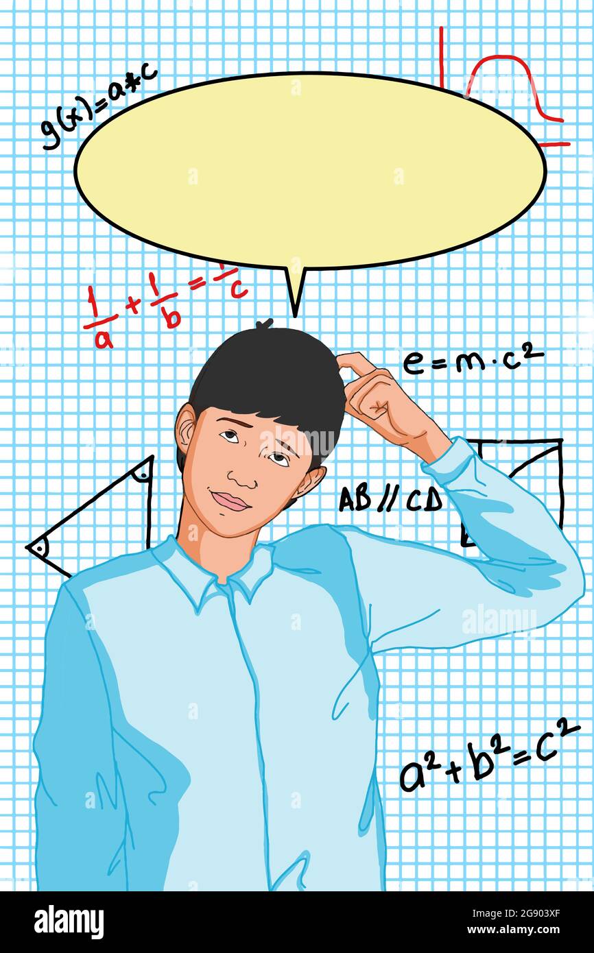 cartoon boy half body and thinking and speech bubble, education background. Stock Photo