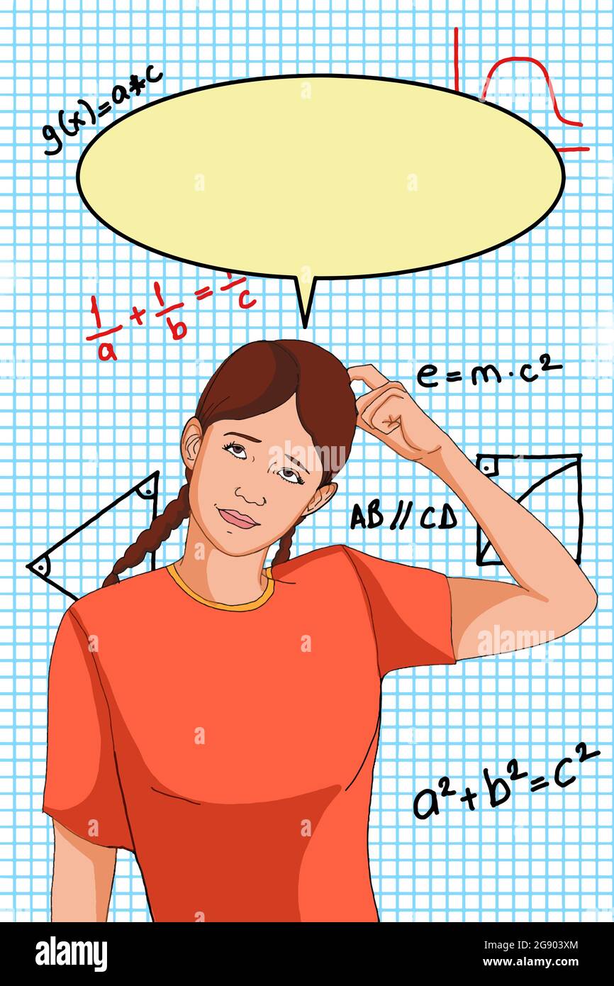 cartoon girl half body and thinking and speech bubble, education background. Stock Photo