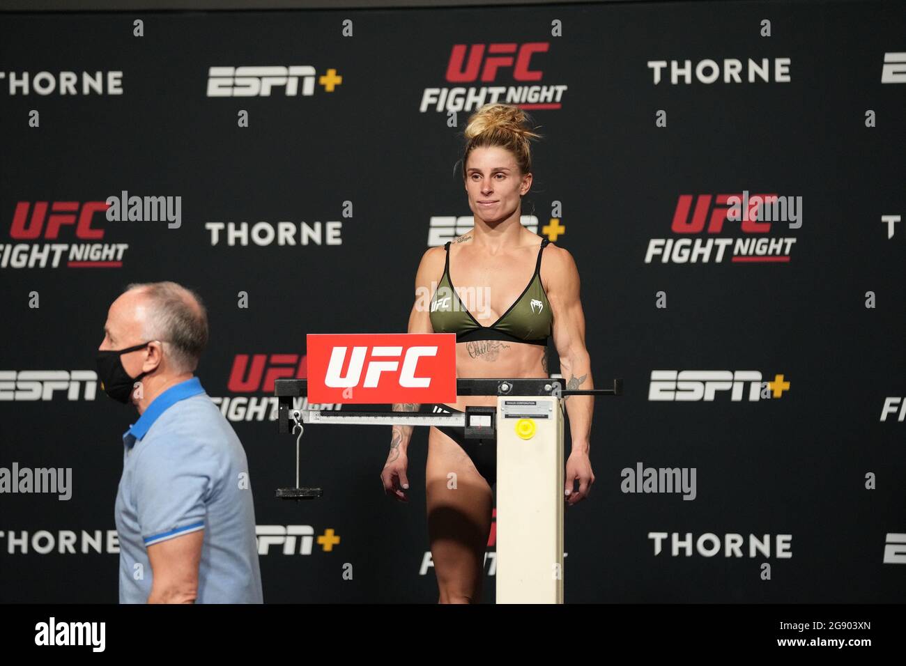 Las Vegas Usa 23rd July 21 Las Vegas Nv July 23 Hannah Goldy Steps On The Scale For The Official Weigh Ins During Ufc Fight Night Vegas 32 Weigh In At Ufc Apex