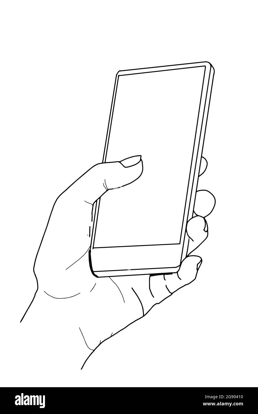 Premium Vector  Line art drawing of hand holding smart phone outline  drawing hand holding smart mobile phone