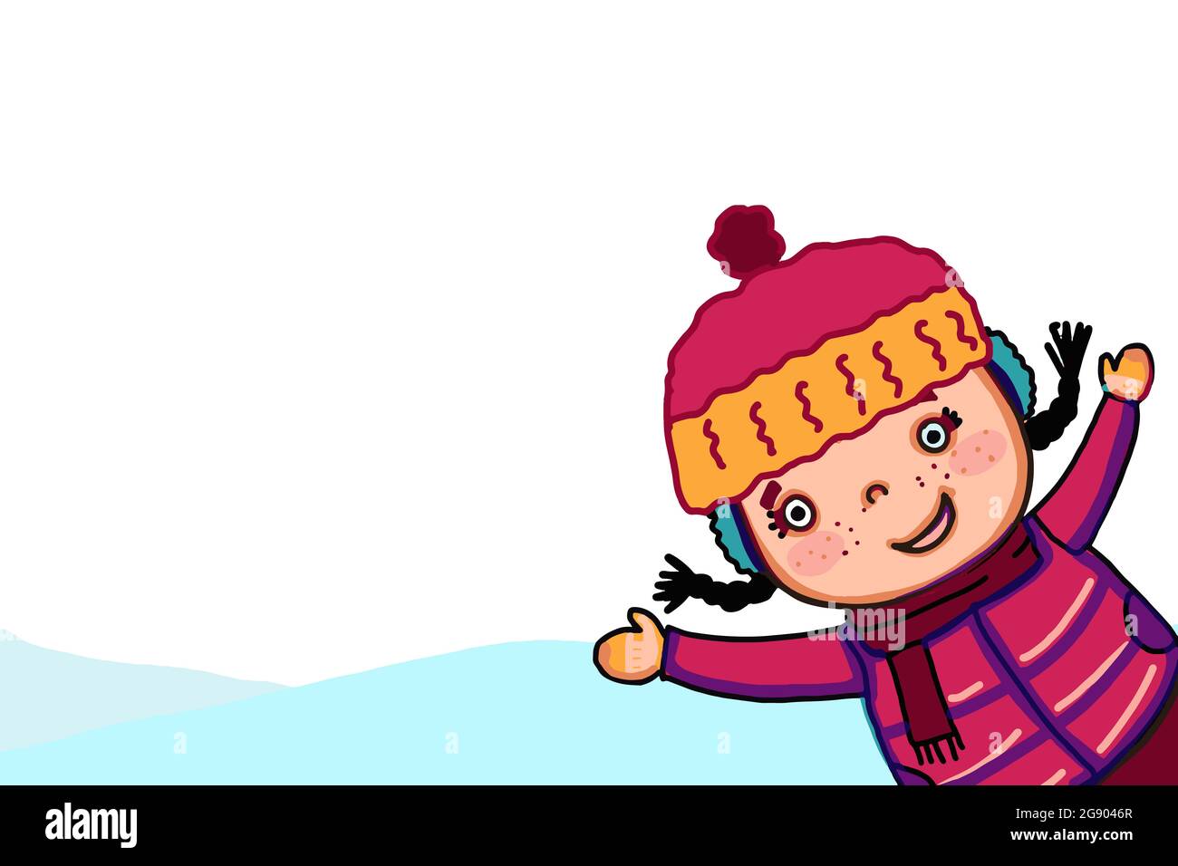 cute cartoon  girl  child wearing winter clothes and smiling white backround Stock Photo