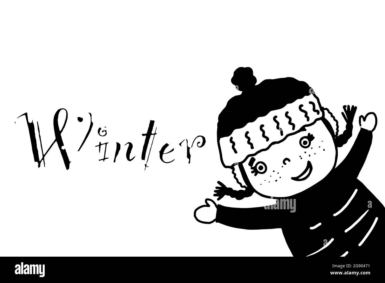 cute cartoon  girl wearing winter clothes and smiling with  and winter text greeting card.Black white colors. Stock Photo