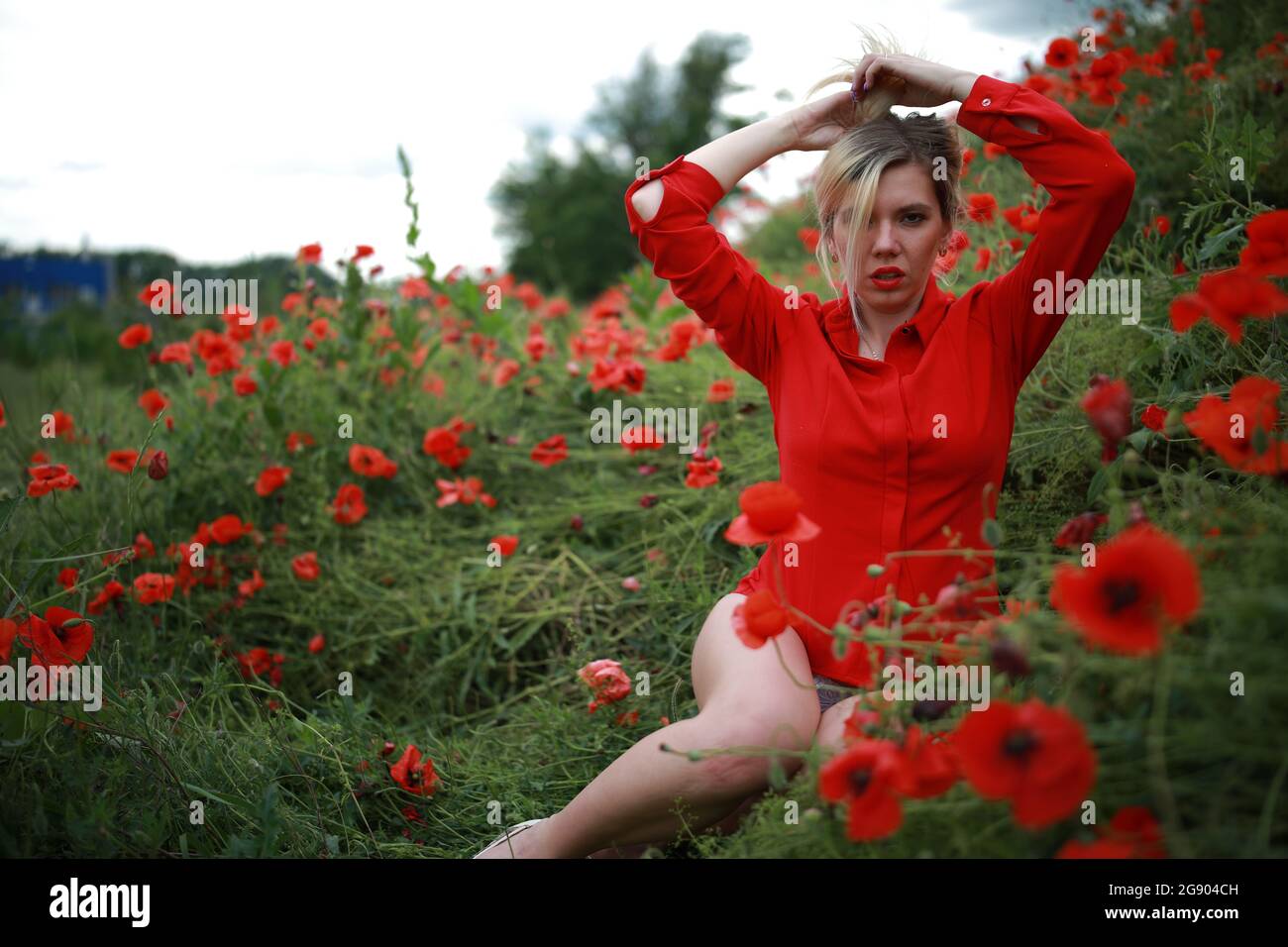 beautiful girl in a field with red poppies in a red shirt Stock Photo ...