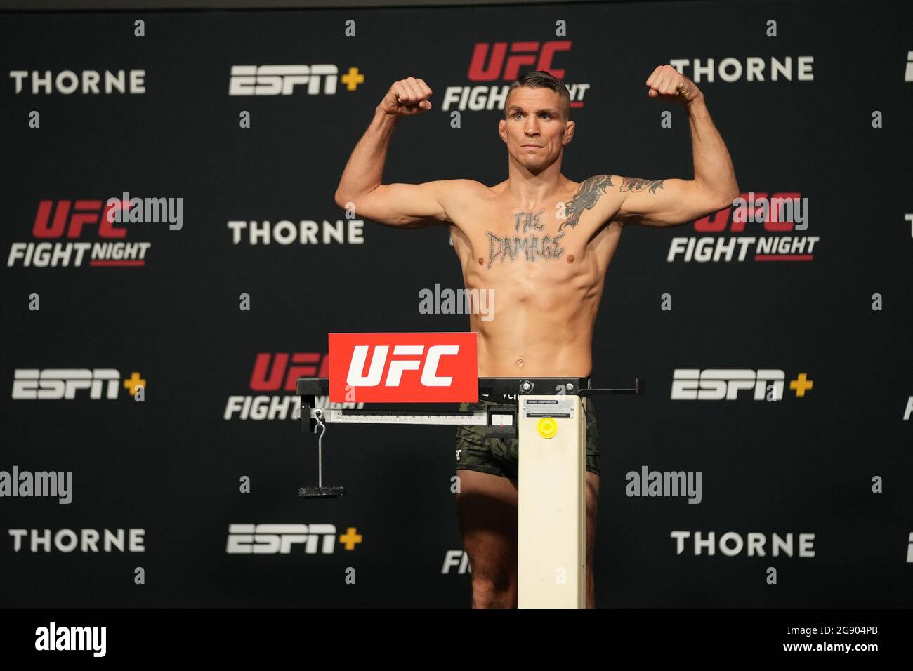 Las Vegas, USA. 23rd July, 2021. Las Vegas, NV - JULY 23:Darren Elkins steps on the scale for the official weigh-ins during UFC Fight Night Vegas 32 - Weigh-in at UFC APEX on July 23, 2021 in Las Vegas, NV, United States. (Photo by Louis Grasse/PxImages) Credit: Px Images/Alamy Live News Stock Photo