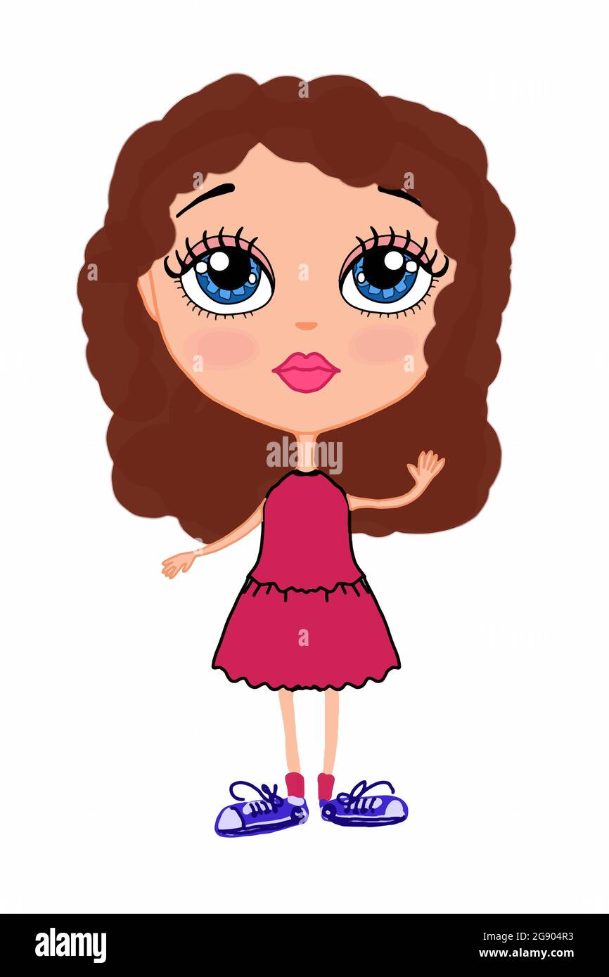 Cute,sweet cartoon girl,standing, brown hair characters illustration  drawing Stock Photo - Alamy