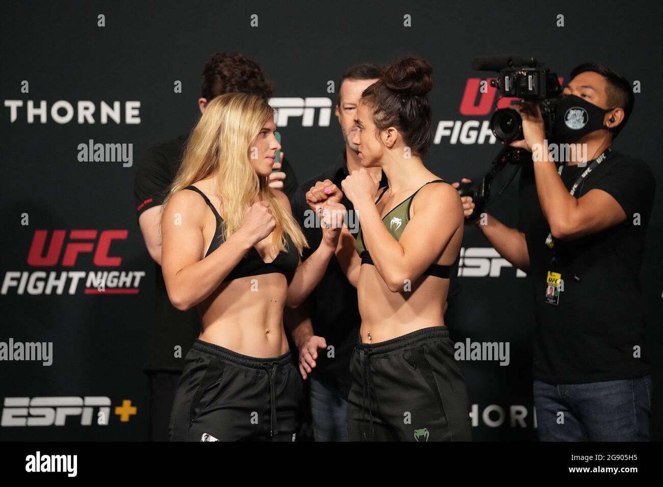 Las Vegas, USA. 23rd July, 2021. Las Vegas, NV - JULY 23:Miranda Maverick (left) and Maycee Barber (right) face off for the official weigh-ins during UFC Fight Night Vegas 32 - Face-off at UFC APEX on July 23, 2021 in Las Vegas, NV, United States. (Photo by Louis Grasse/PxImages) Credit: Px Images/Alamy Live News Stock Photo