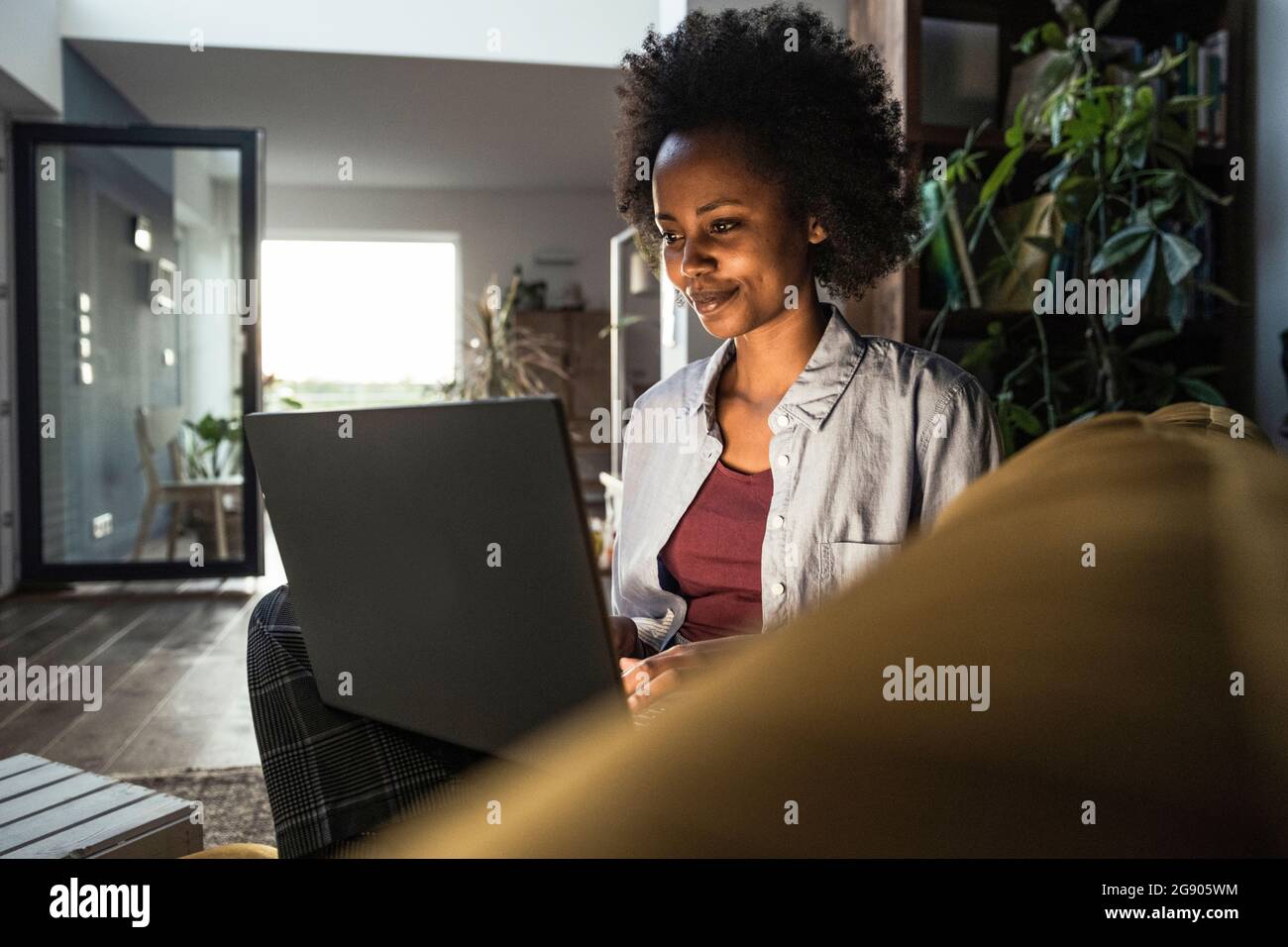 Young female freelancer using laptop while working at home Stock Photo