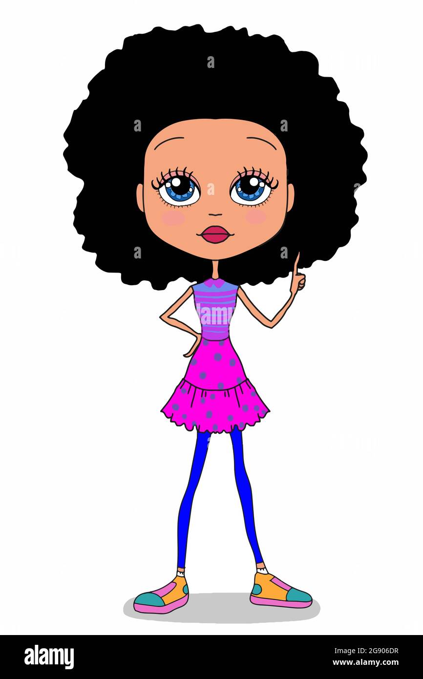 Cool cute girl and black curly hair characters,standing, cartoon  illustration drawing Stock Photo - Alamy