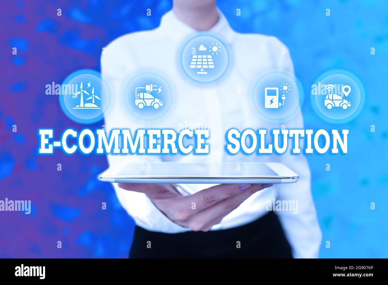 Text Sign Showing E Commerce Solution Concept Meaning Software Used By Business In Selling Products Online Lady Uniform Standing Tablet Hand Stock Photo Alamy