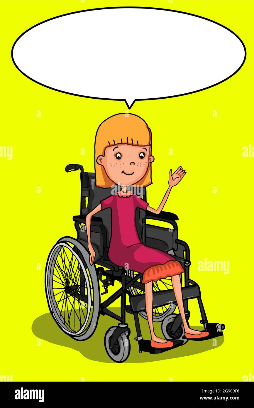 Wheelchair illustration drawing and on sitting cute cartoon characters girl  and speech bubble,colors, yellow background Stock Photo - Alamy