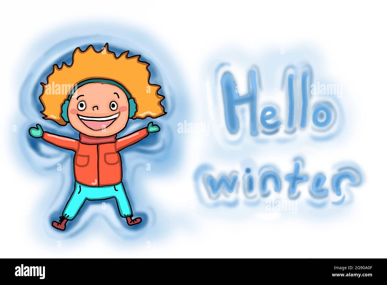 Cute cartoon girl characters with  winter clothes  and lie down on snow. Text area and hello winter text .Greeting card. Stock Photo