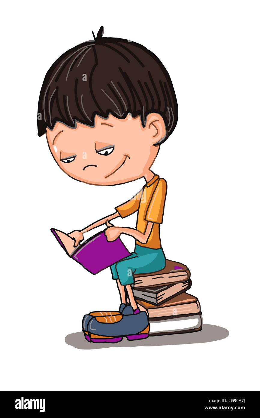 Cute cartoon characters boy sitting on the books and reading Stock Photo -  Alamy