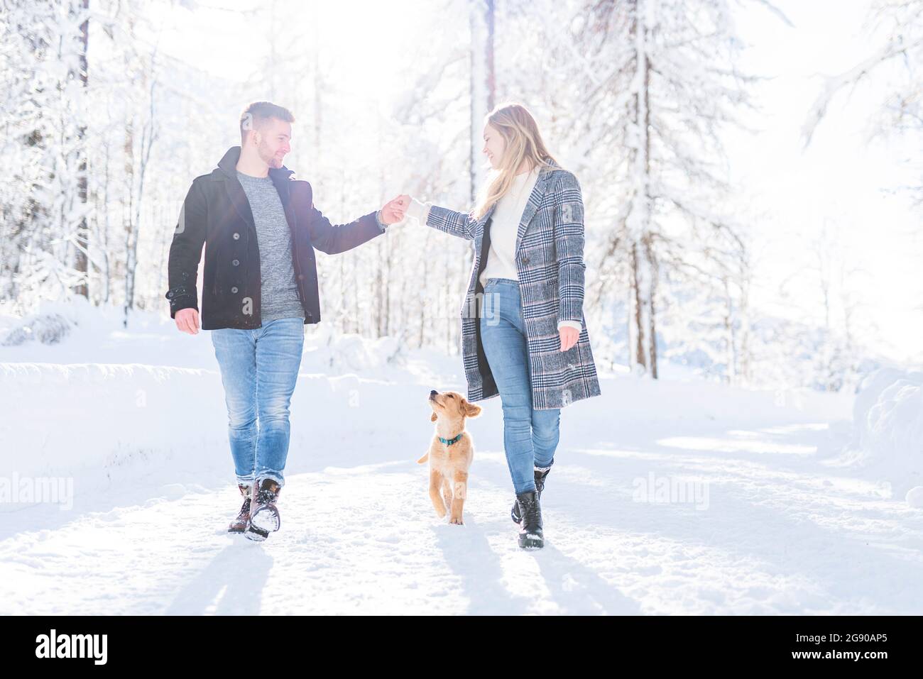 Couple holding hands while walking with dog in snow during vacation Stock Photo