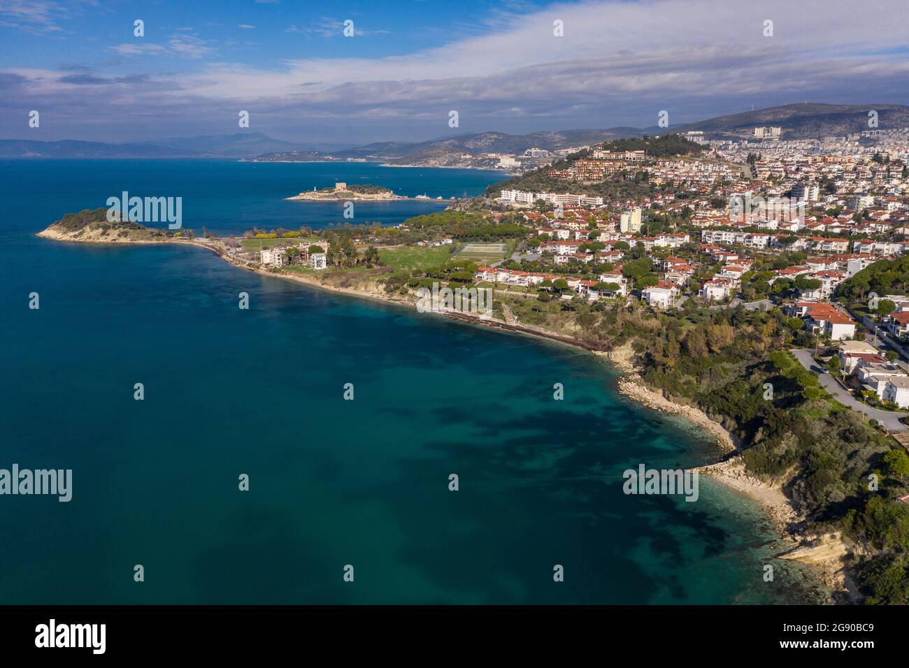 Turkey, Aydin Province, Kusadasi, Aerial view of coastal town in summer ...