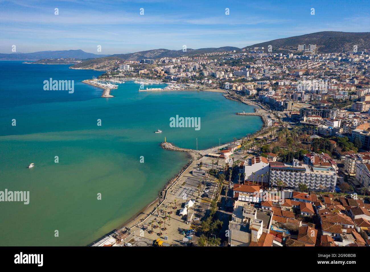 Turkey, Aydin Province, Kusadasi, Aerial view of promenade of coastal ...