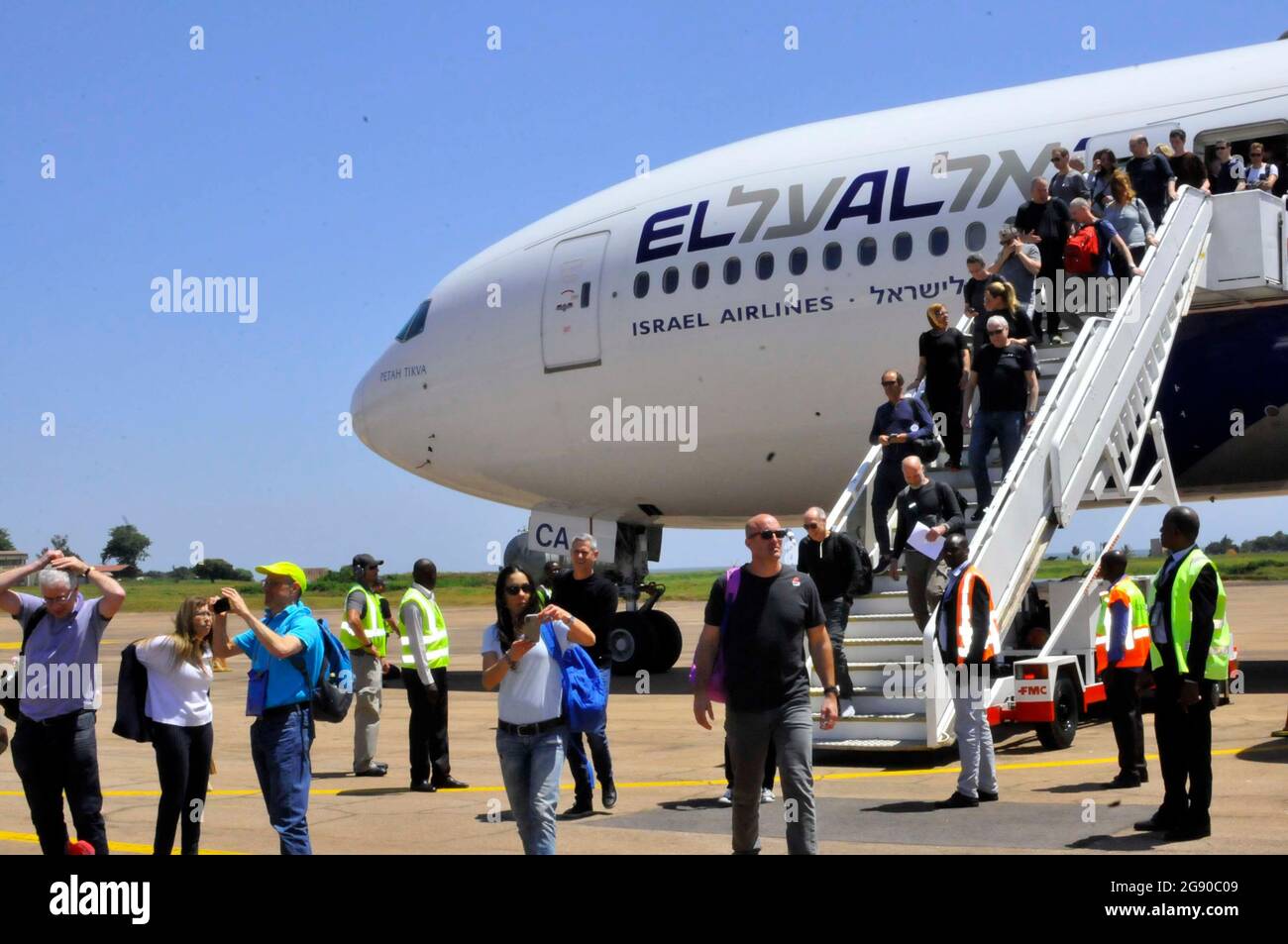 A historic moment of an Israel airplane at the Uganda Entebbe airport after 42 years. This airport was destroyed by Israel forces in 1977. The photo was captured on 13th July 2019 when over 300 tourist came to tour the country. Uganda. Stock Photo