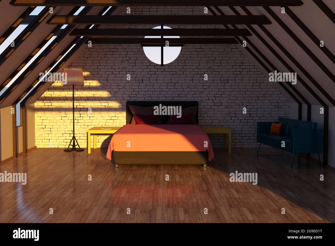 Three dimensional render of loft apartment with bed, floor lamp and sofa Stock Photo