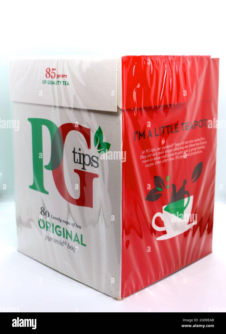 Photo of an Unopened packet of 80 PG Tips pyramid tea bags against a