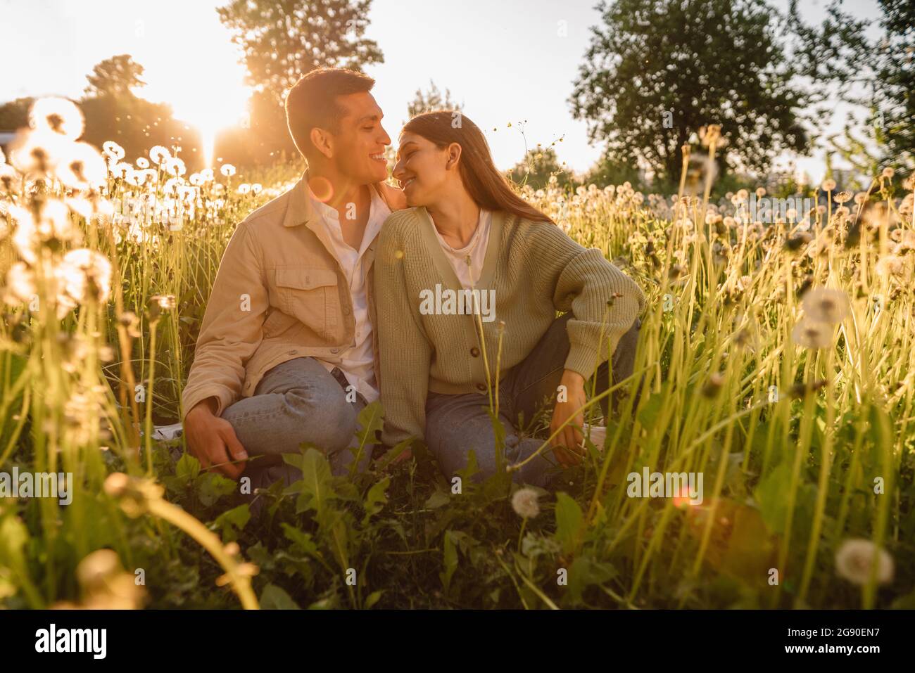 Affectionate young couple sitting together on meadow during sunset Stock Photo