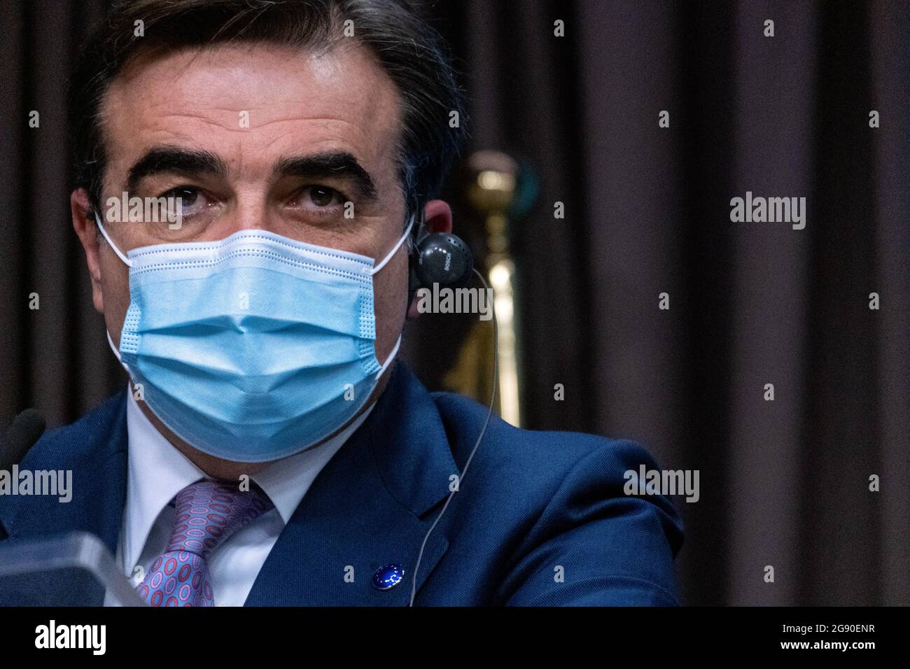 Margaritis Schinas, vice president of the European Union at the Informal videoconference of foreign and interior ministers at the European Council on the external aspects of the EU's migration policy, in the framework of the new Pact on Migration and Asylum. Brussels, Belgium. Stock Photo