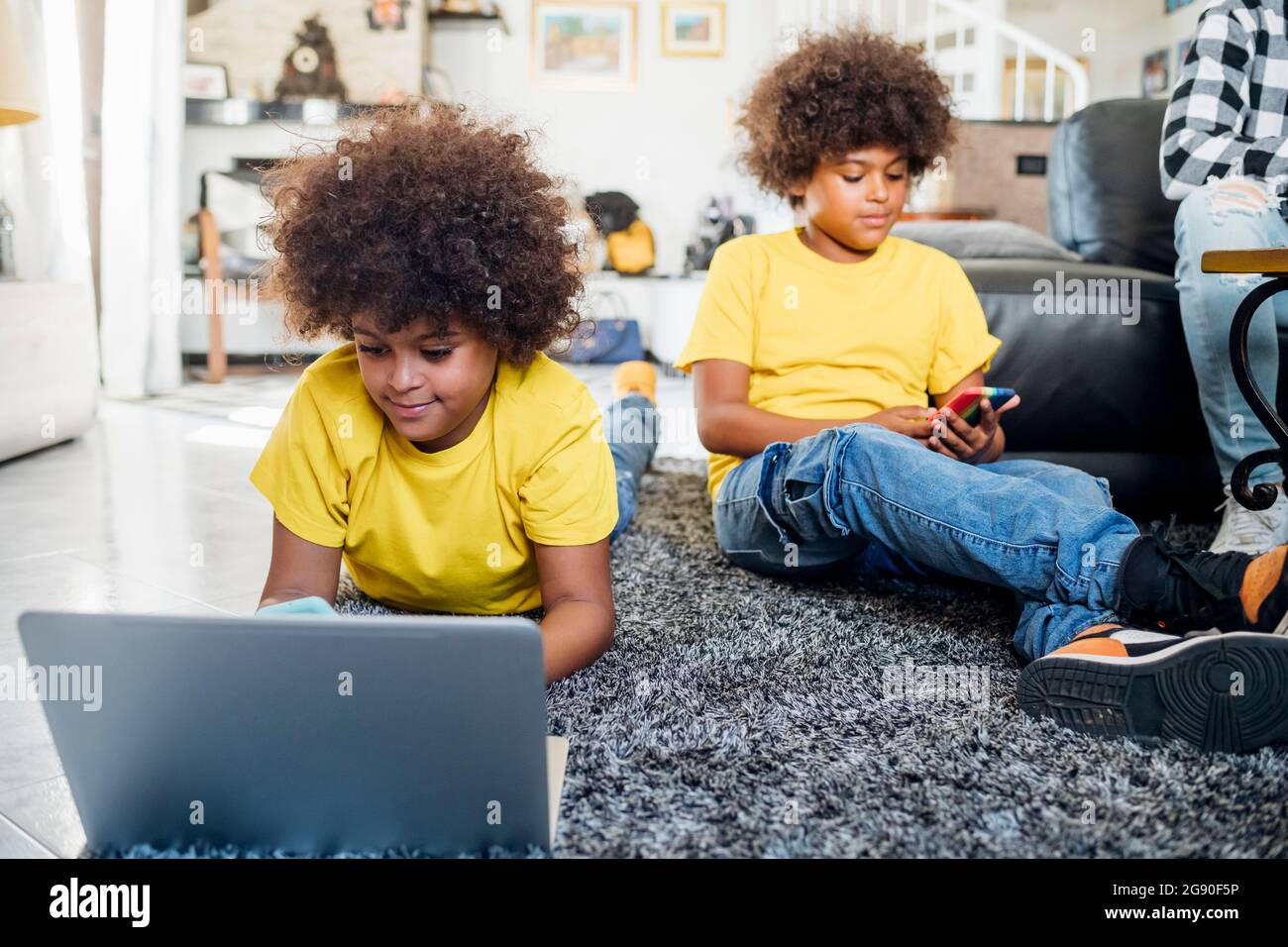 Twin brothers using wireless technologies at home Stock Photo