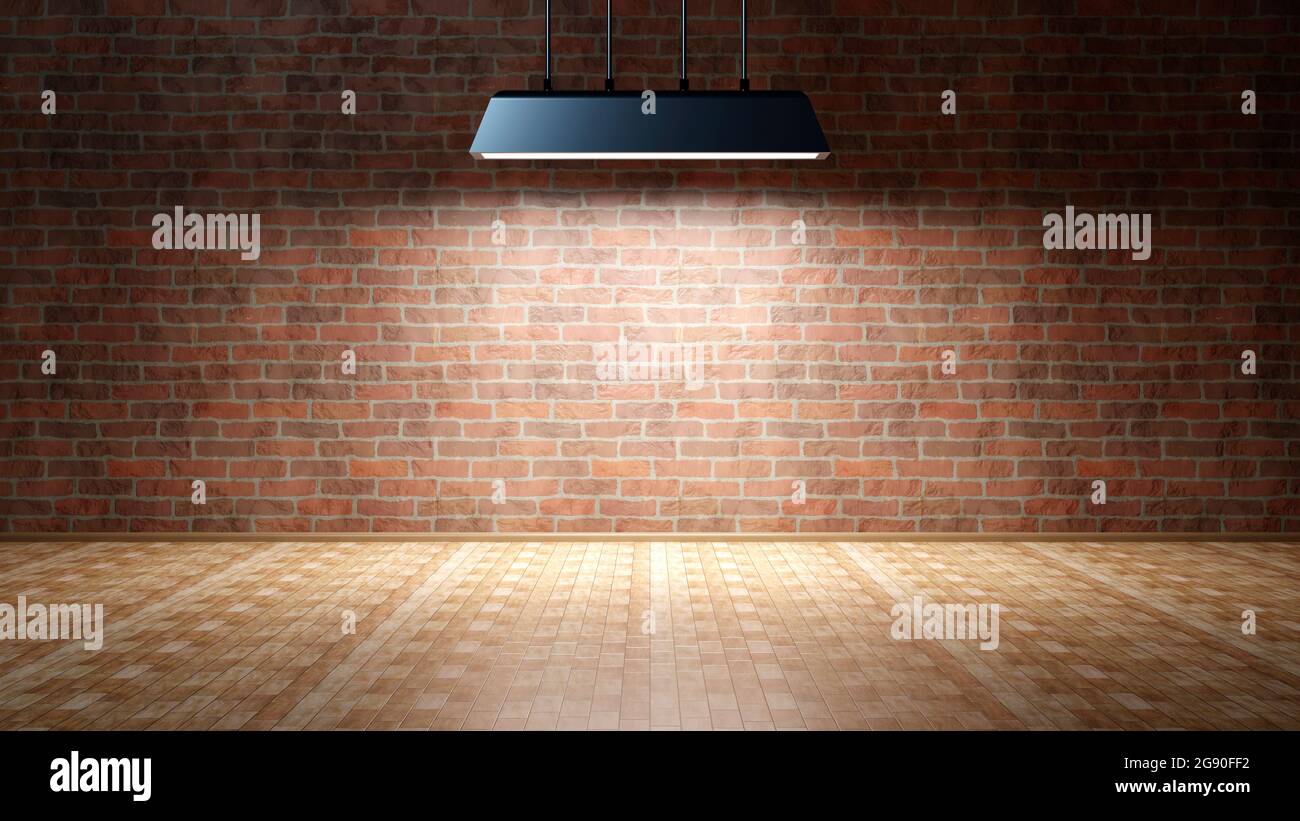 Three dimensional render of light fixture hanging in empty room with brick wall Stock Photo
