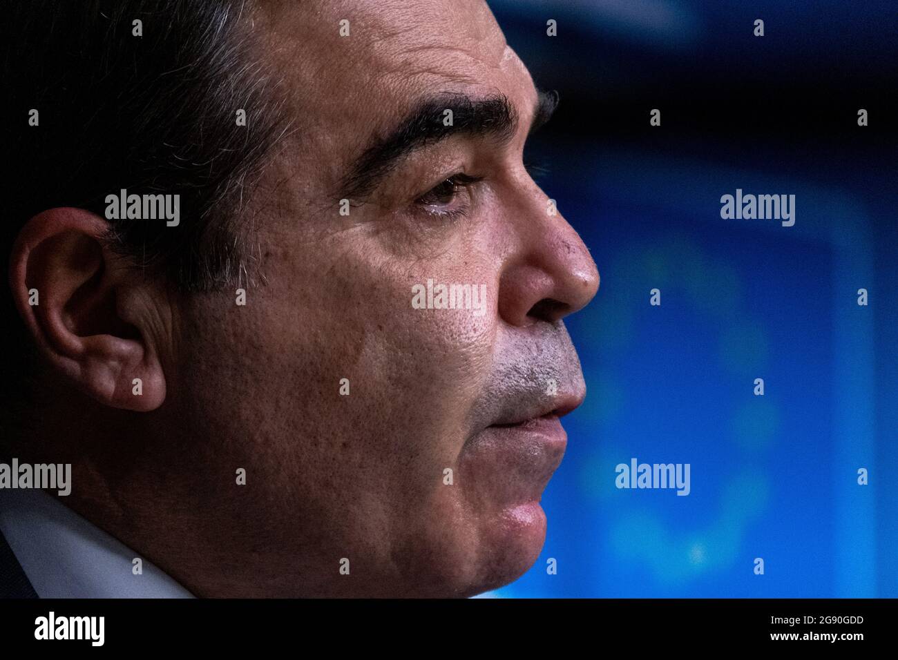 Margaritis Schinas, vice president of the European Union at the Informal videoconference of foreign and interior ministers at the European Council on the external aspects of the EU's migration policy, in the framework of the new Pact on Migration and Asylum. Brussels, Belgium. Stock Photo